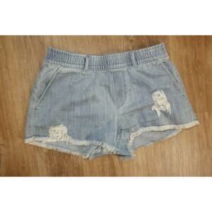 AERIE Womens Pull On Elastic JEAN SHORTS -Size XS - Light Wash Distressed Fringe